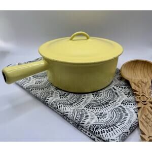 Vintage Yellow Enamel Cast Iron Saucepan with Lid French Country Kitchen Decor